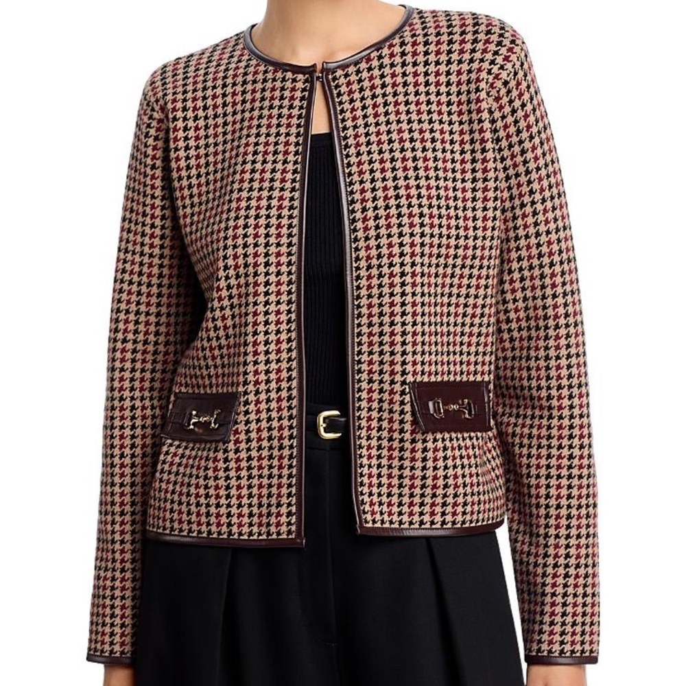 Sioni faux leather trim houndstooth cardigan size medium NWT